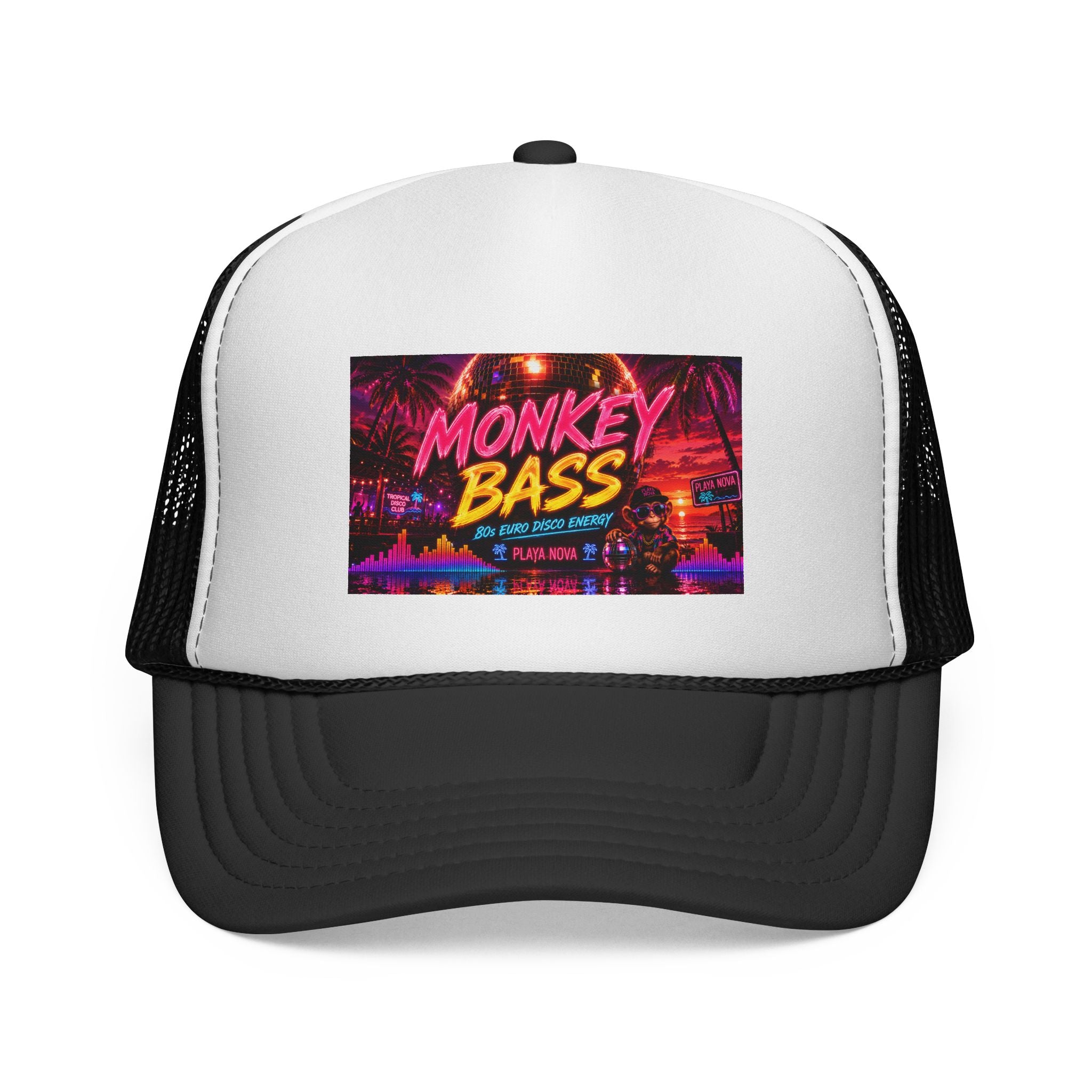 Monkey Bass Trucker Cap — Retro Neon Music Festival Hat