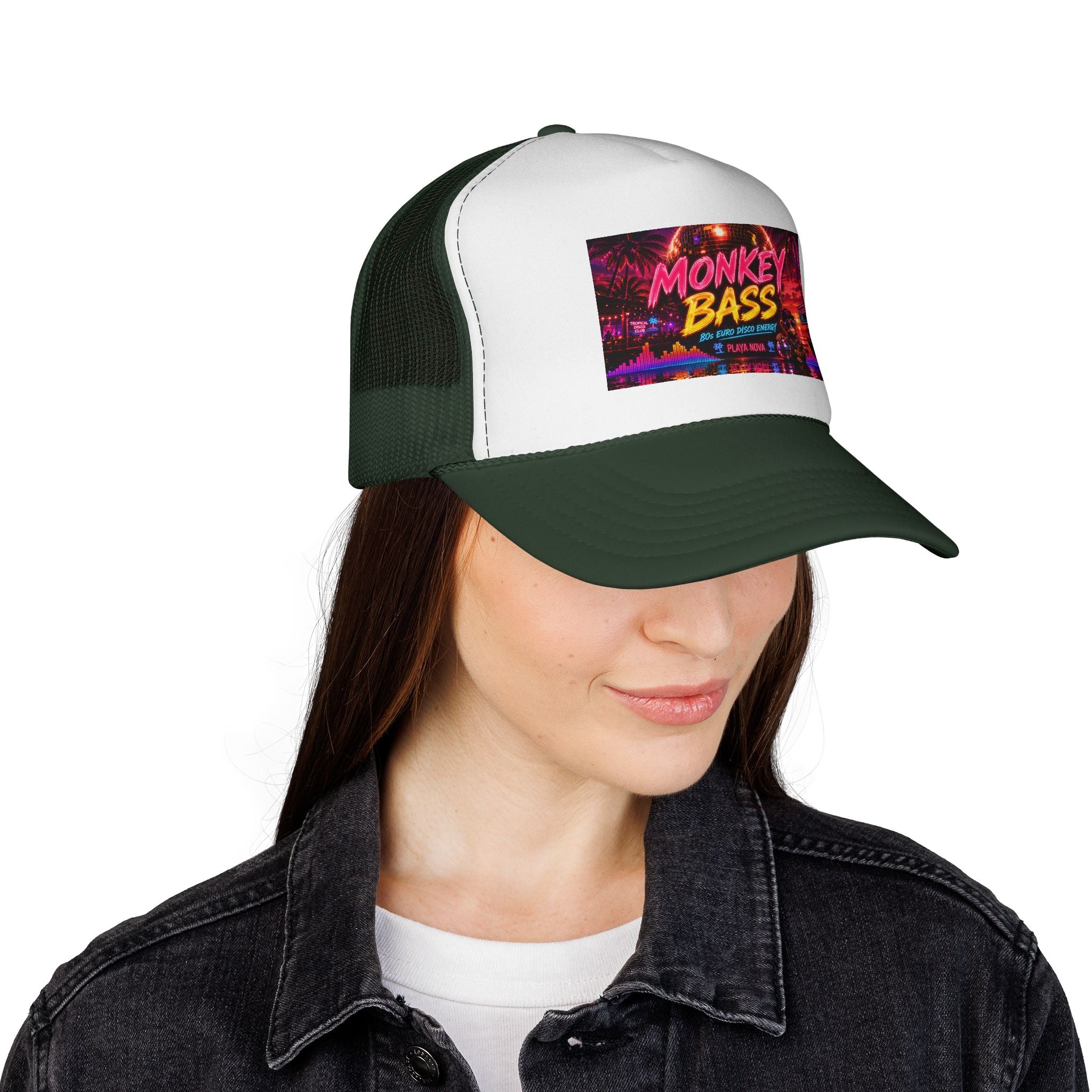 Monkey Bass Trucker Cap — Retro Neon Music Festival Hat