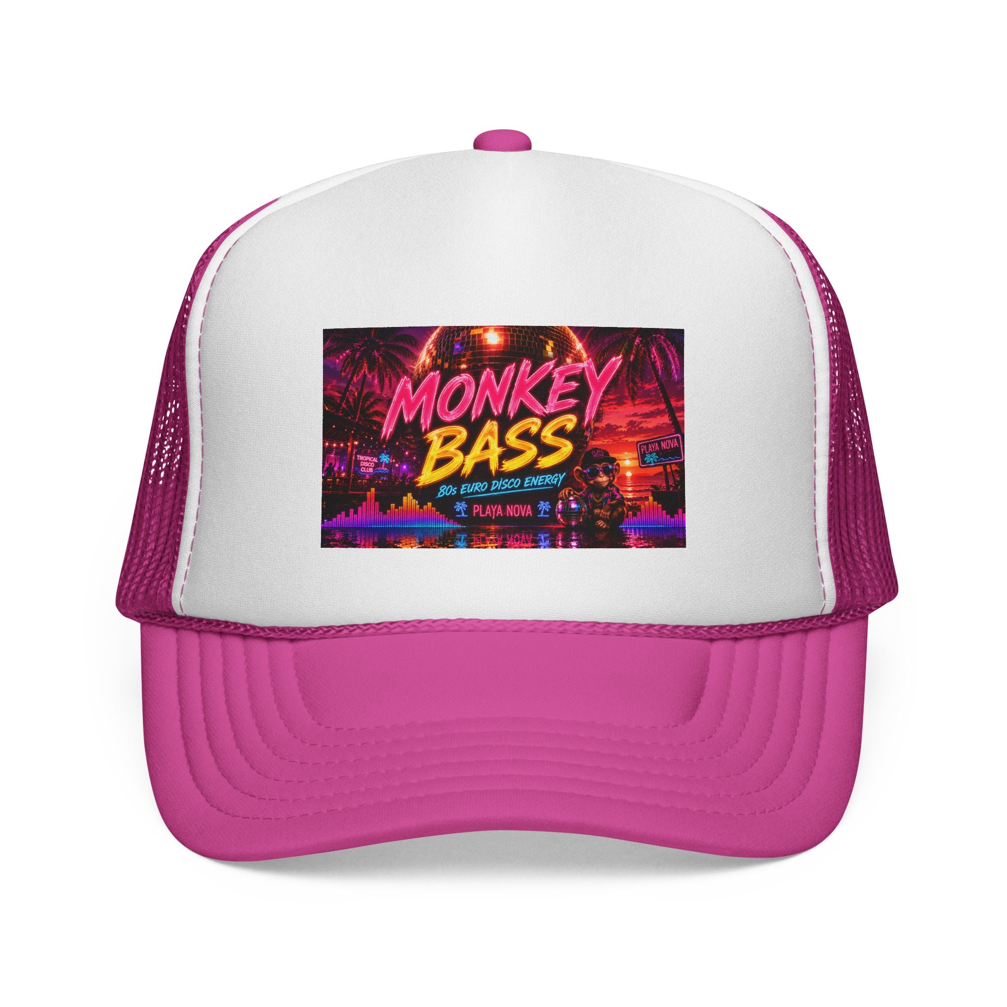 Monkey Bass Trucker Cap — Retro Neon Music Festival Hat