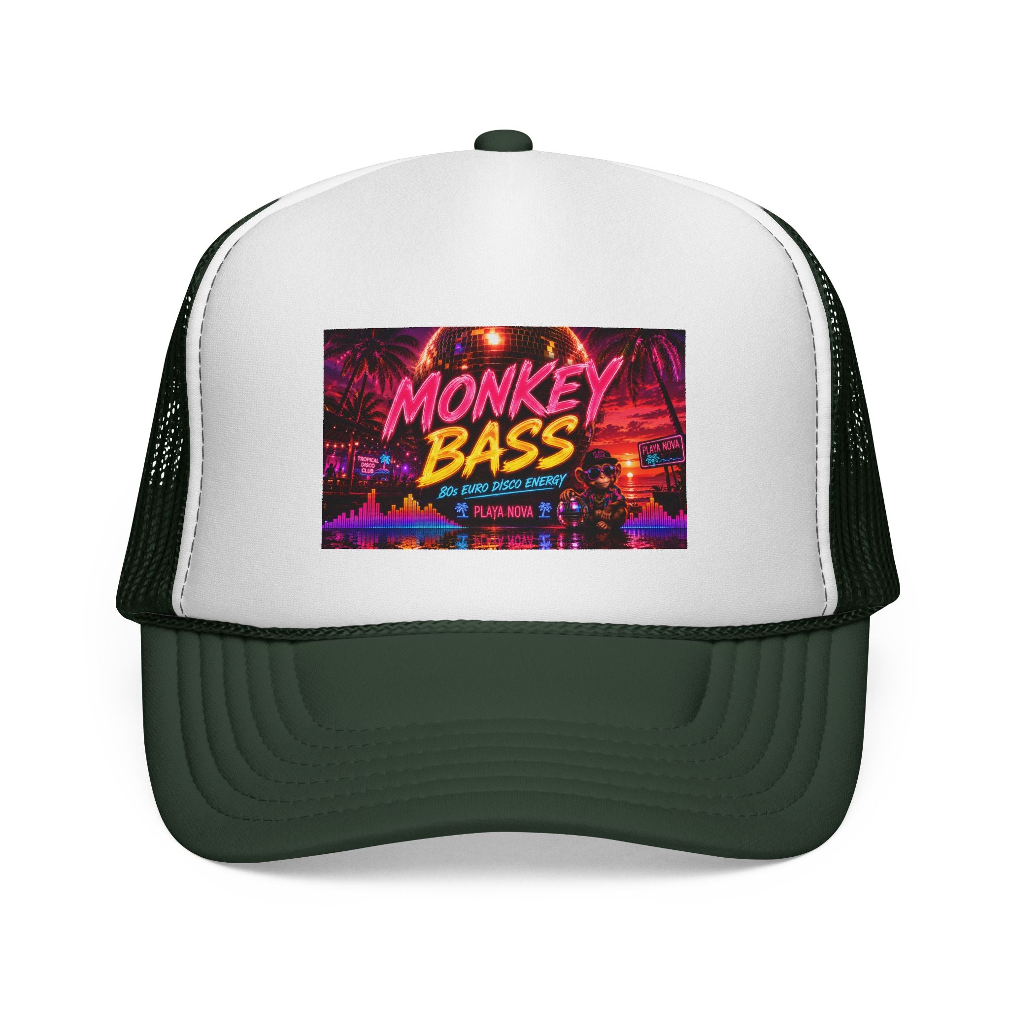Monkey Bass Trucker Cap — Retro Neon Music Festival Hat