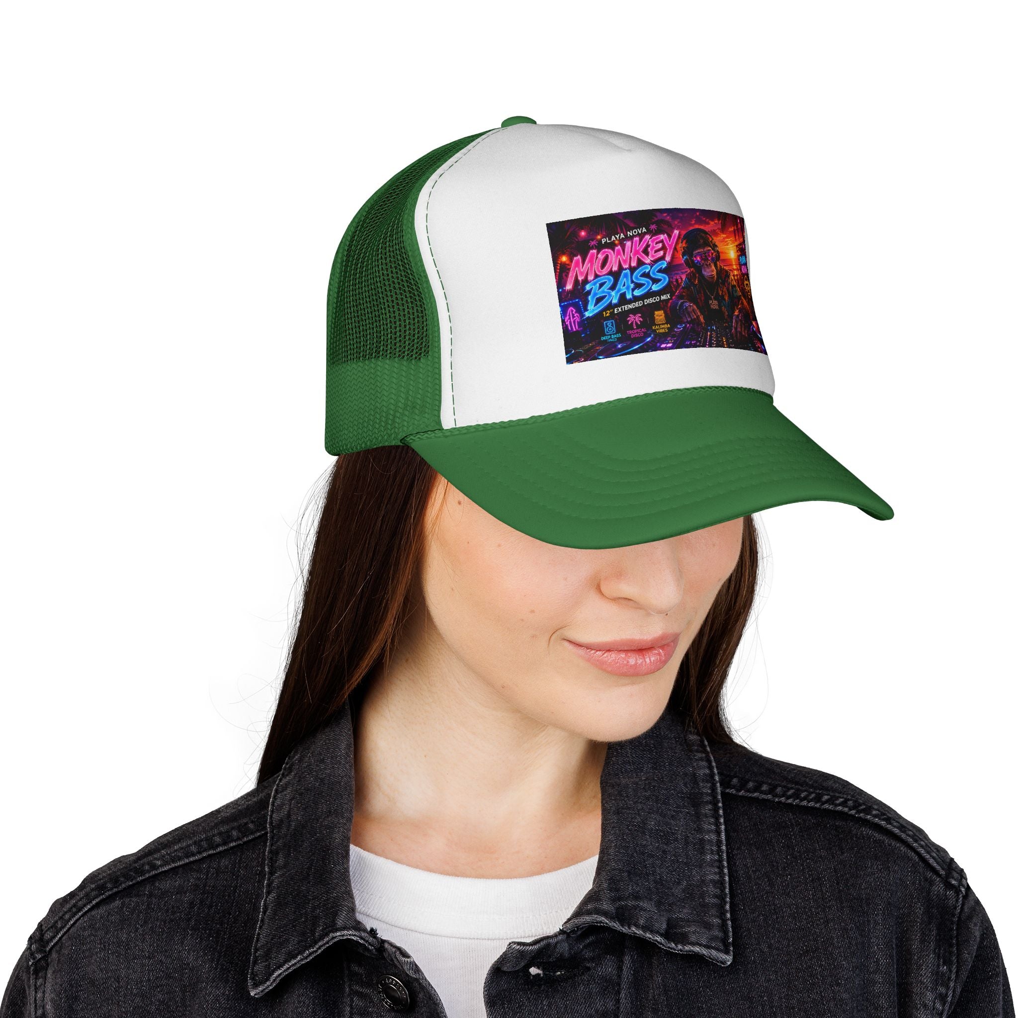 Monkey Bass Trucker Cap — Neon Retro EDM Music Festival Hat