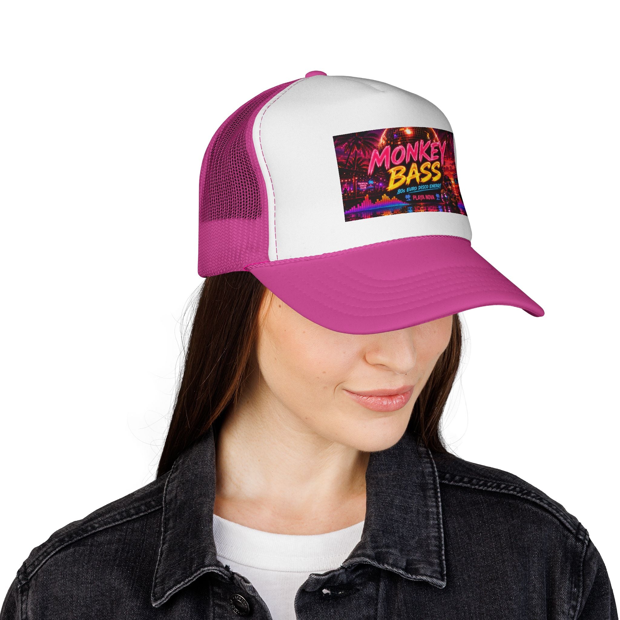 Monkey Bass Trucker Cap — Retro Neon Music Festival Hat
