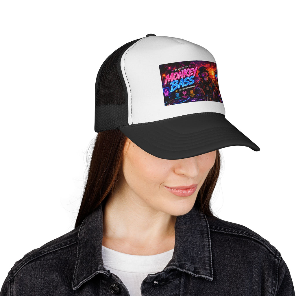 Monkey Bass Trucker Cap — Neon Retro EDM Music Festival Hat