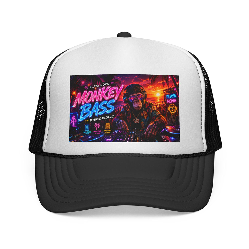 Monkey Bass Trucker Cap — Retro Neon Cyberpunk Music Festival Hat