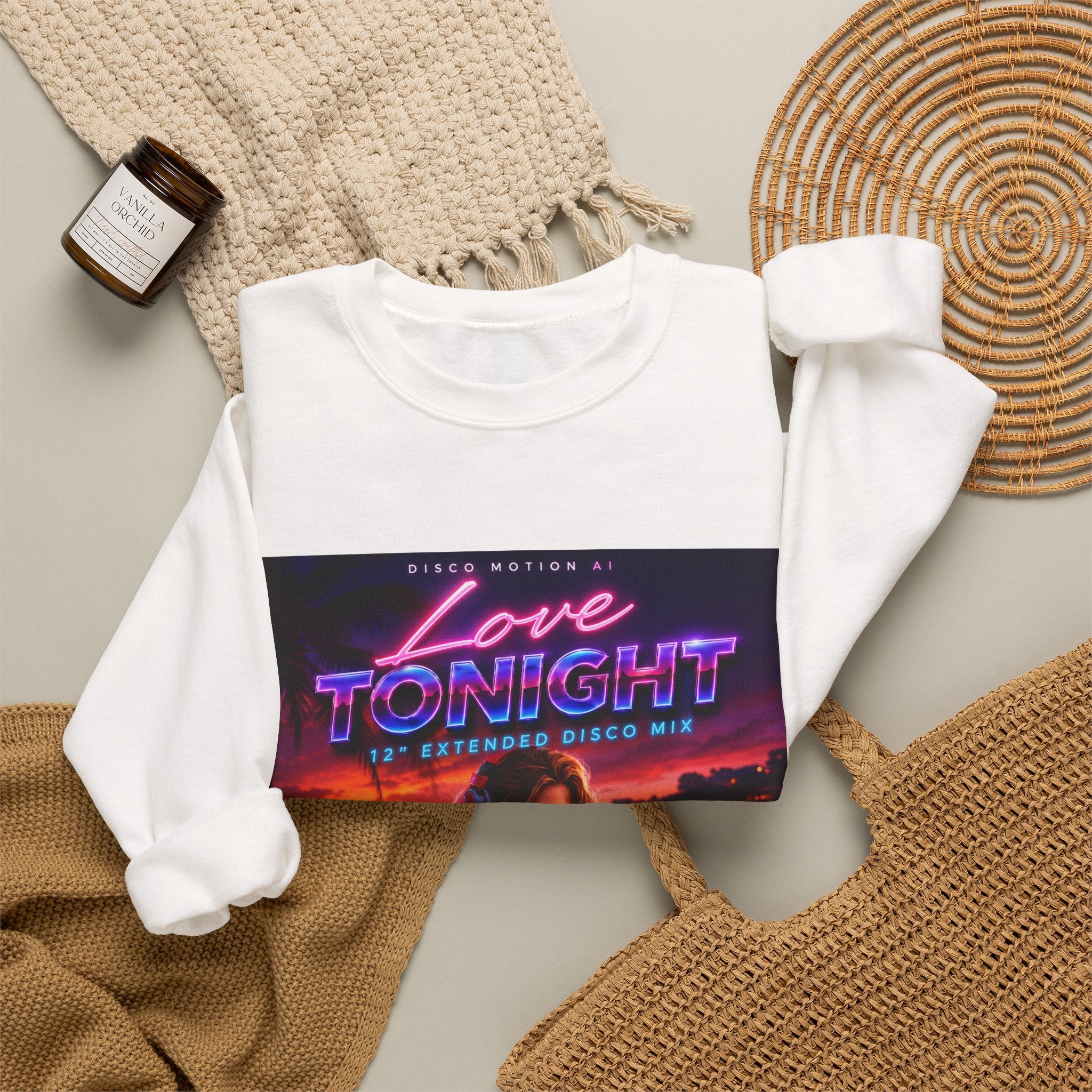 Crewneck Sweatshirt — Retro "Love Tonight" Neon City Graphic