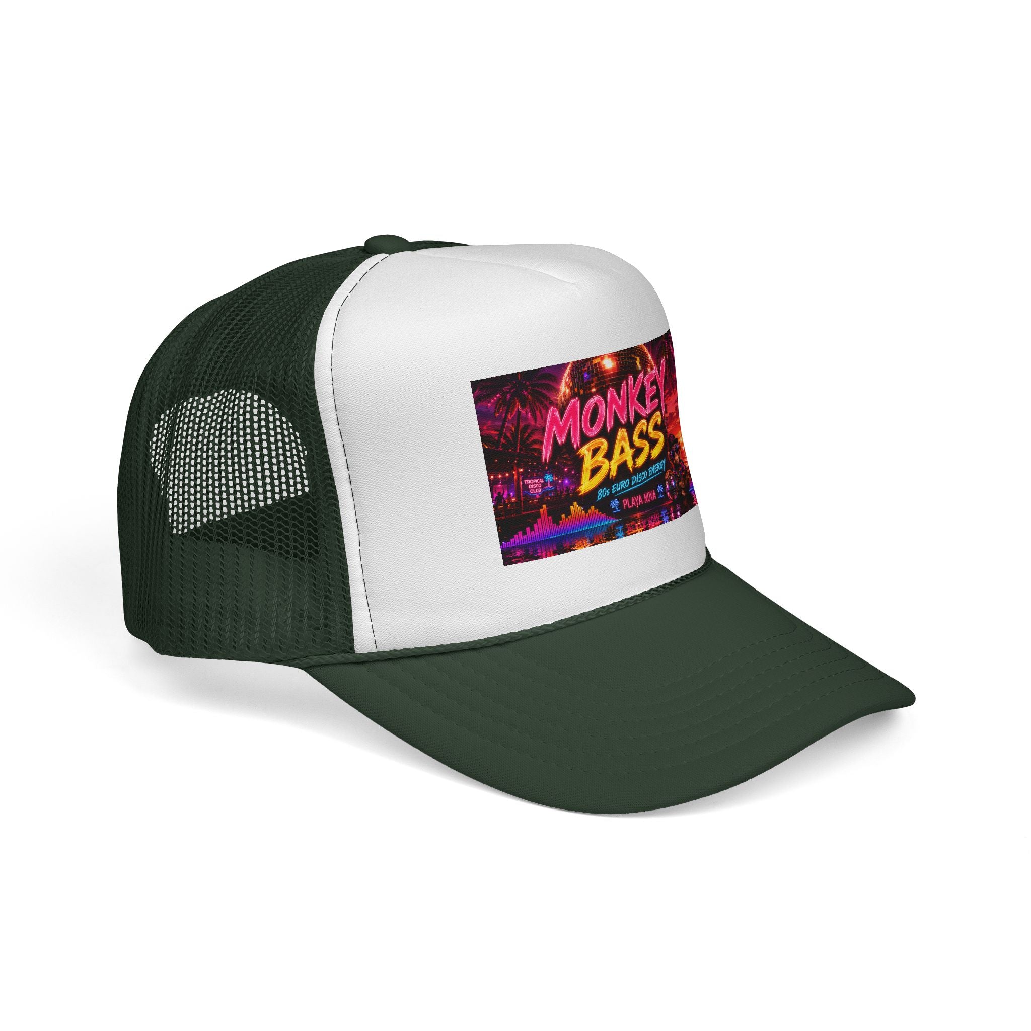 Monkey Bass Trucker Cap — Retro Neon Music Festival Hat