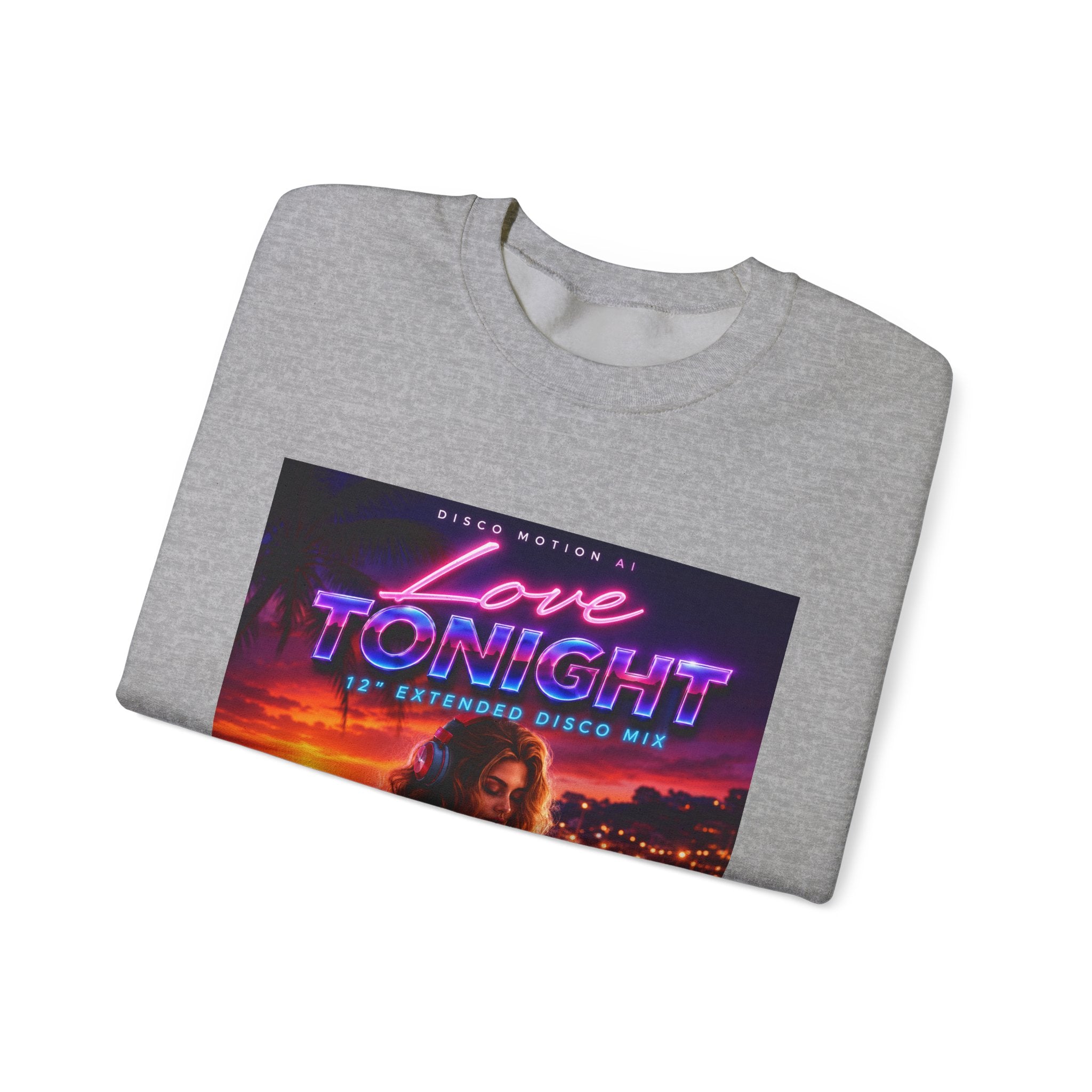 Crewneck Sweatshirt — Retro "Love Tonight" Neon City Graphic