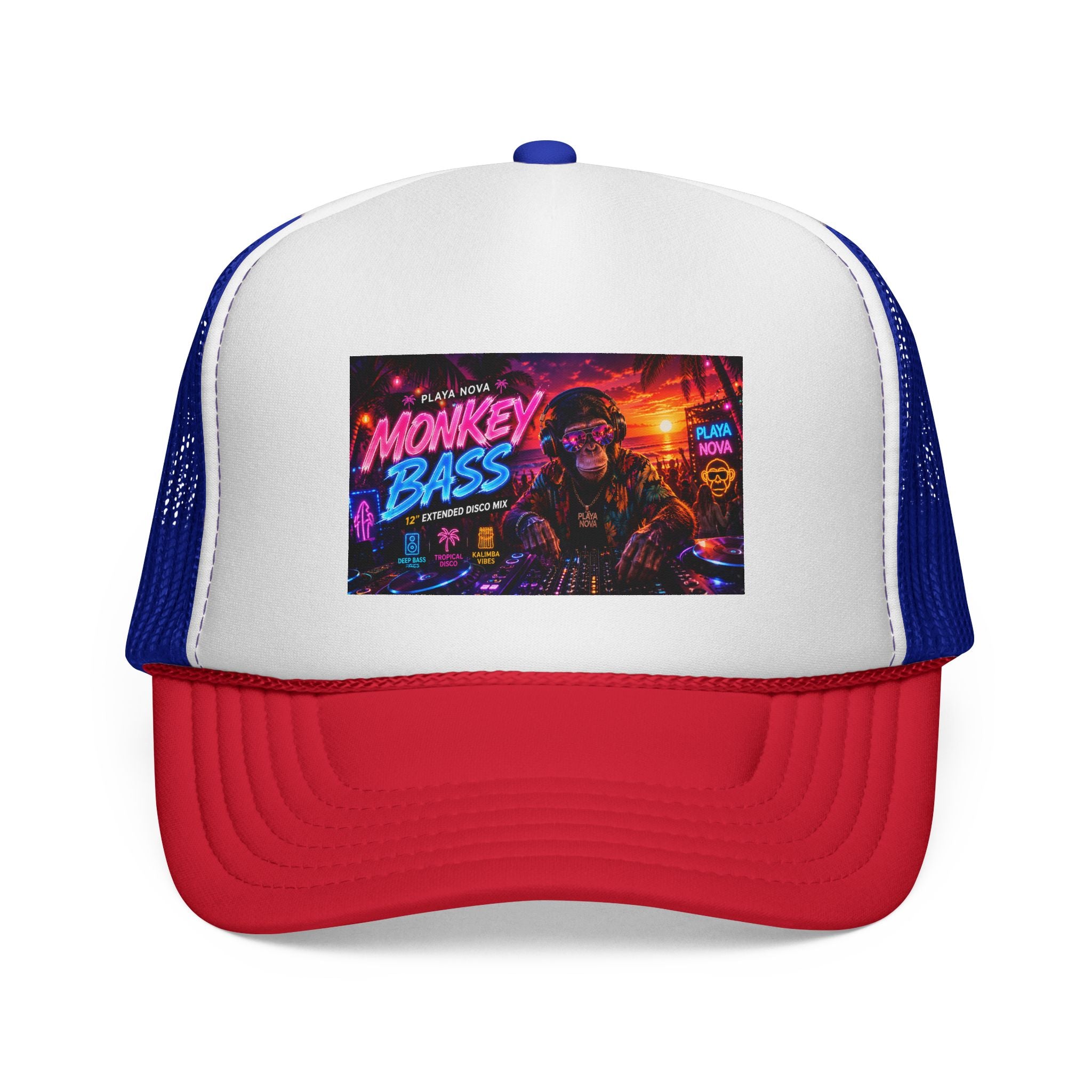 Monkey Bass Trucker Cap — Neon Retro EDM Music Festival Hat
