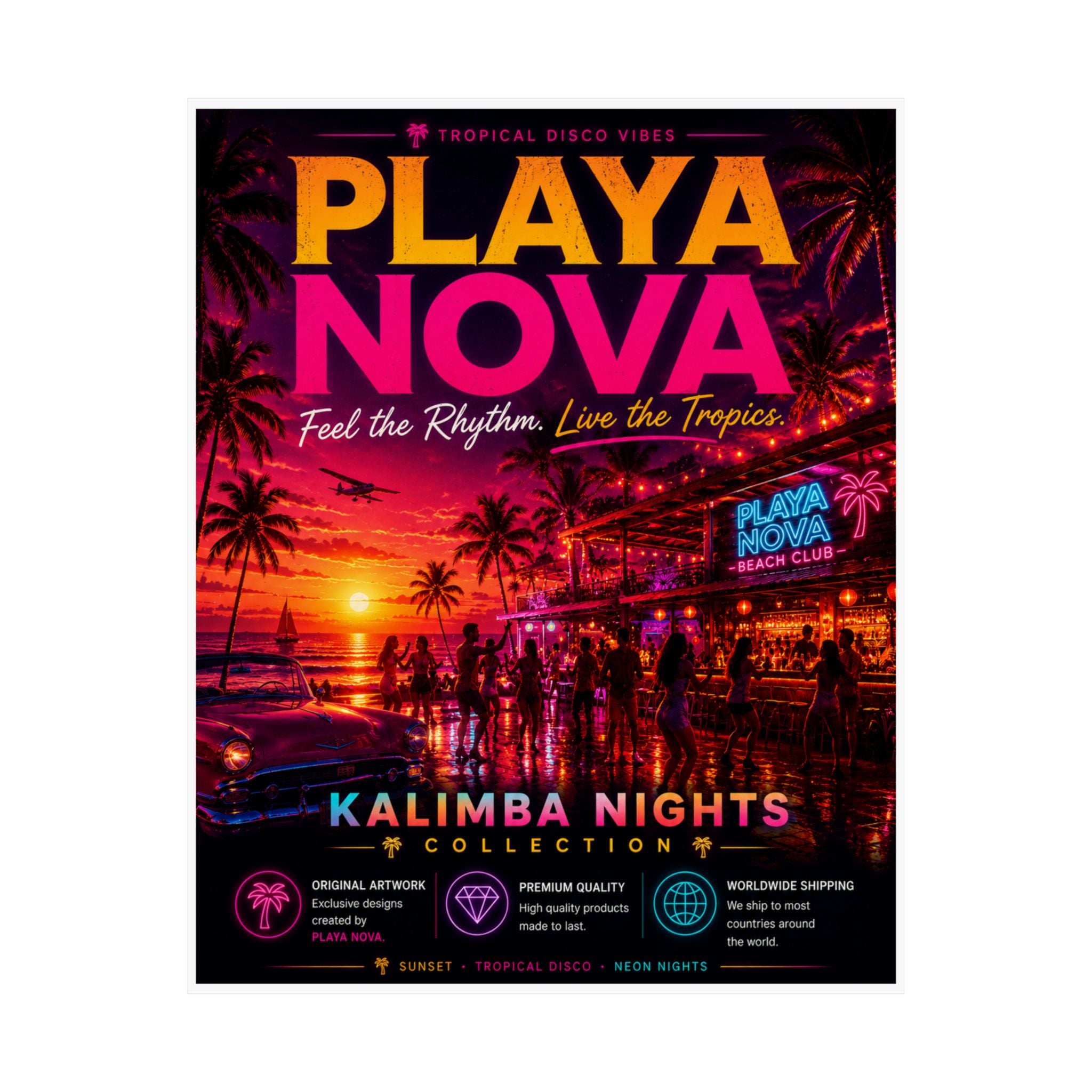 Playa Nova Kalimba Nights Poster — Tropical Sunset Beach Club Wall Art
