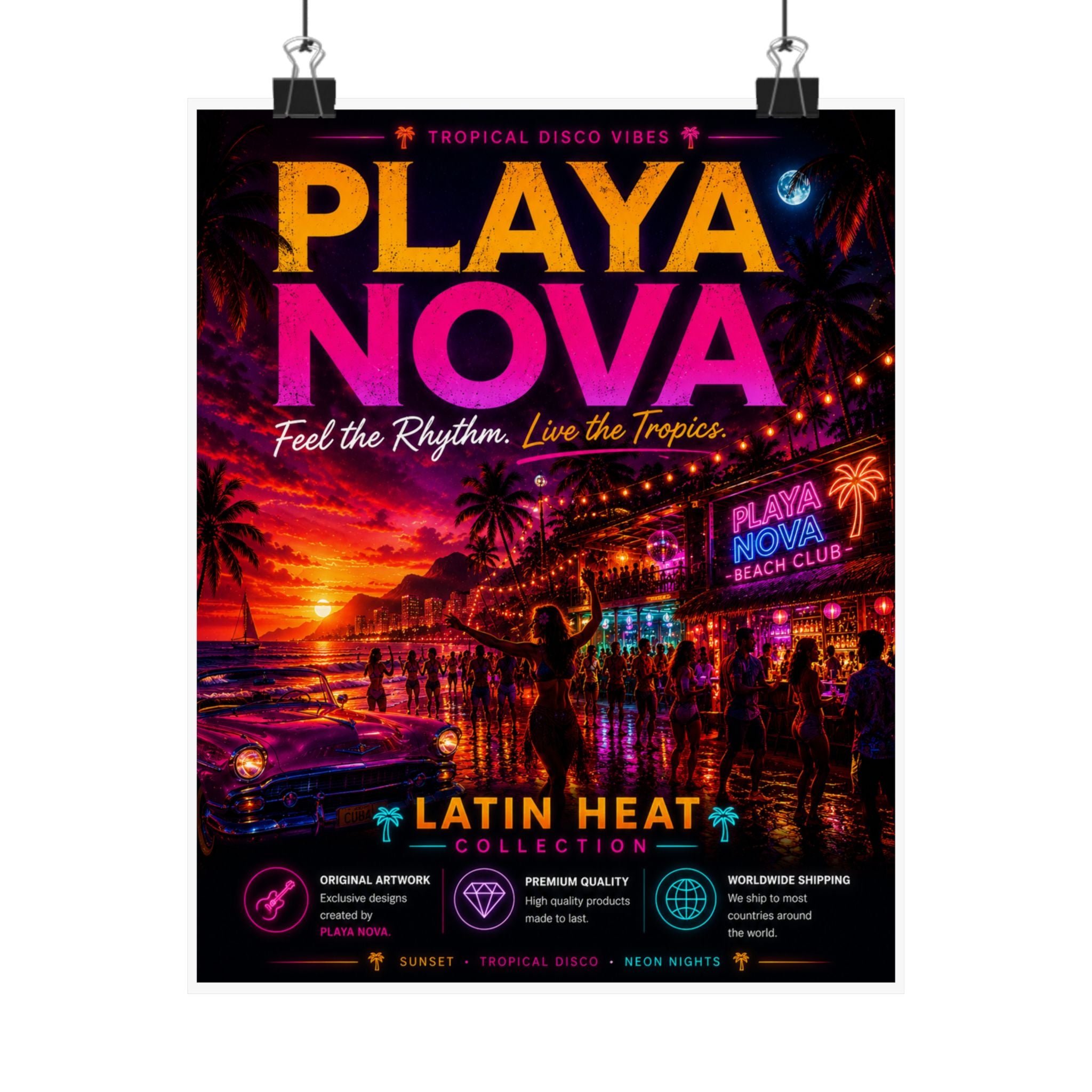 Playa Nova Vintage Beach Poster — 'Feel the Rhythm, Live the Tropics' Matte Print