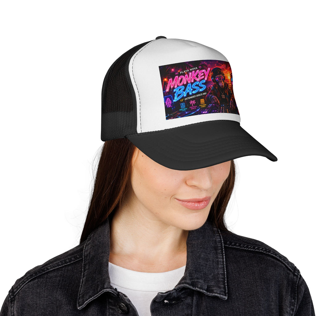 Monkey Bass Trucker Cap — Retro Neon Cyberpunk Music Festival Hat