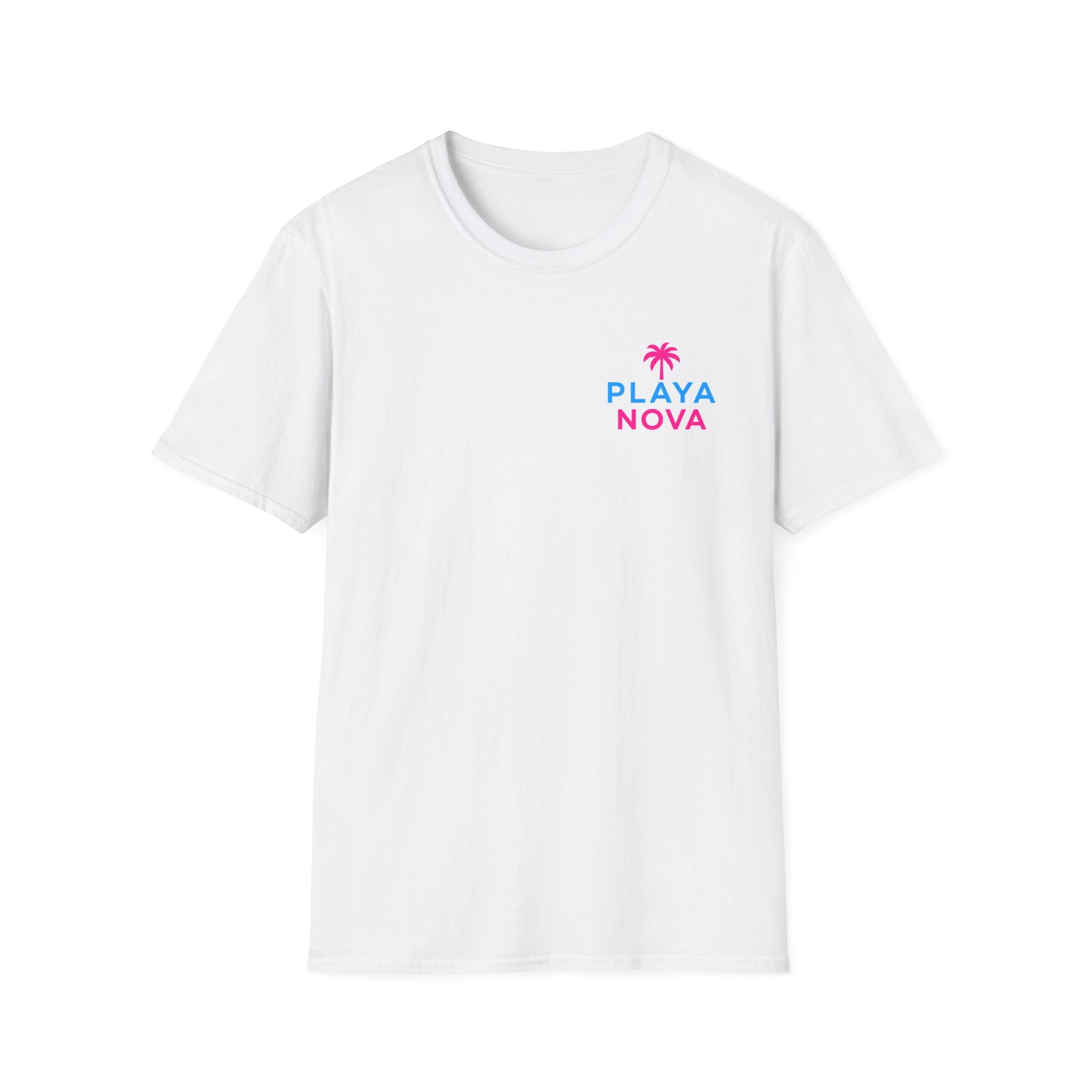 Playa Nova Palm T-Shirt — Retro Pink & Blue Beach Tee