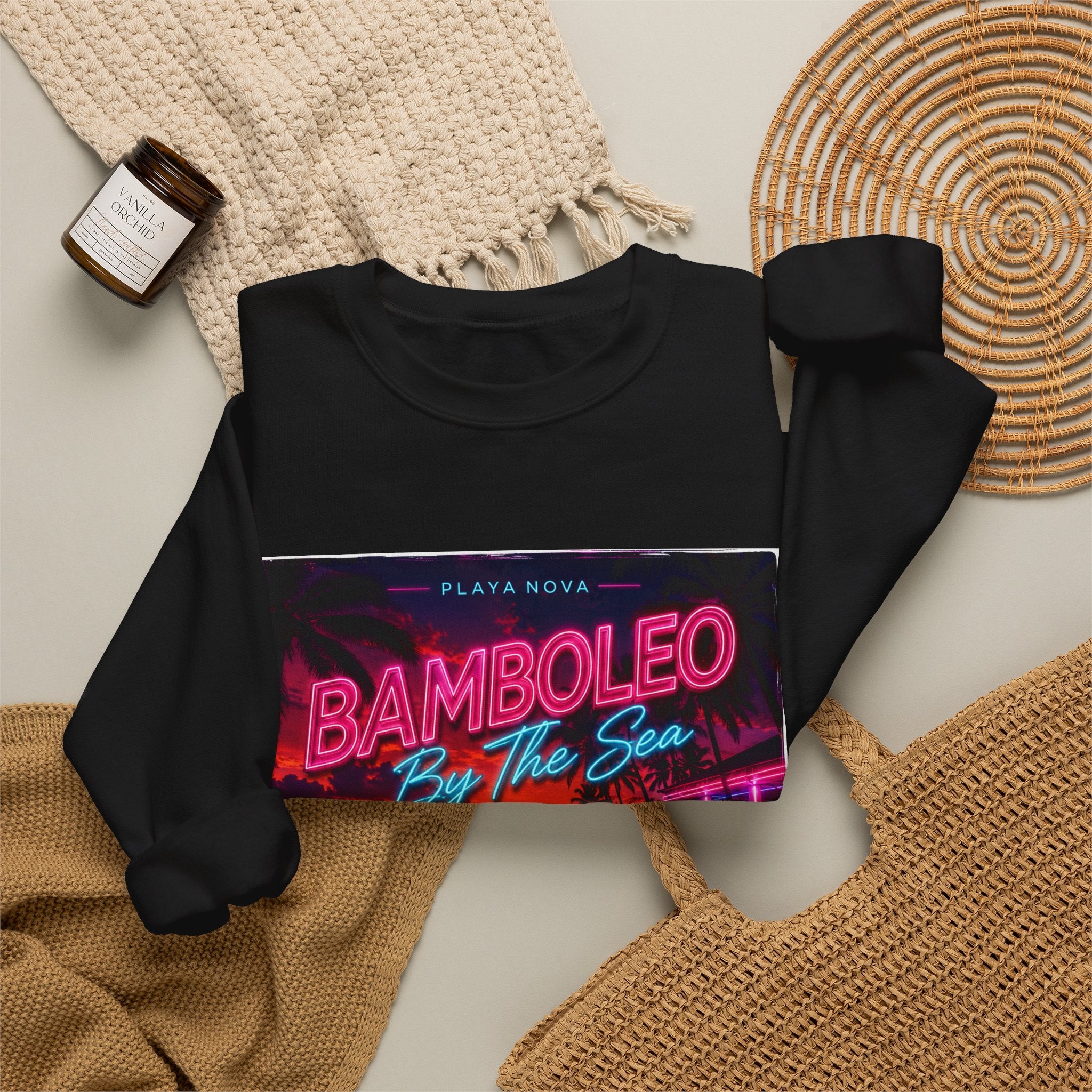 Crewneck Sweatshirt — 'Bamboleo By The Sea' Retro Neon Beach Design