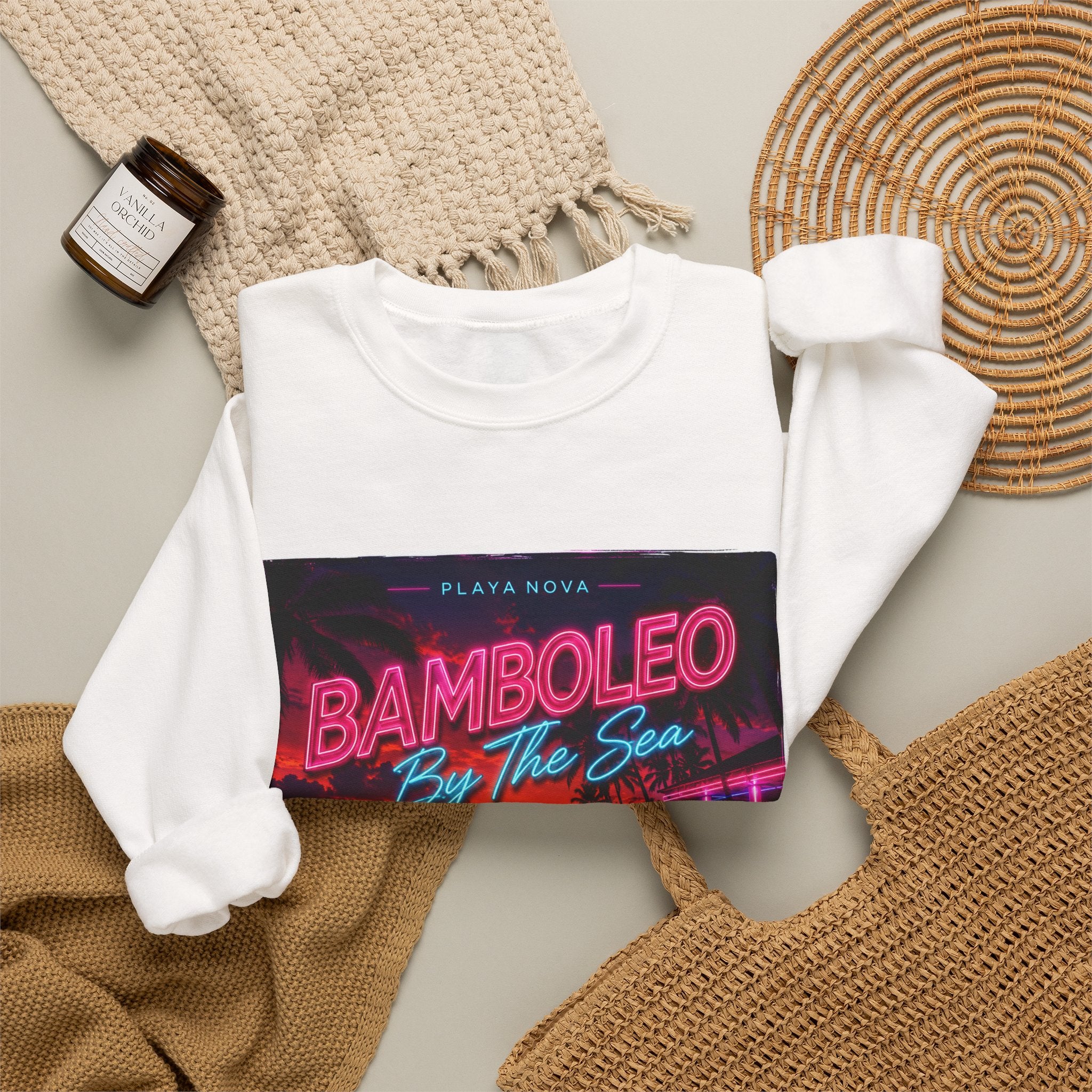 Crewneck Sweatshirt — 'Bamboleo By The Sea' Retro Neon Beach Design