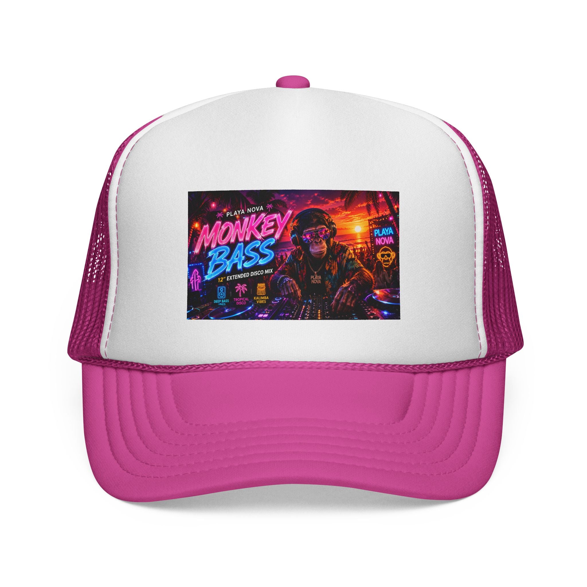 Monkey Bass Trucker Cap — Neon Retro EDM Music Festival Hat