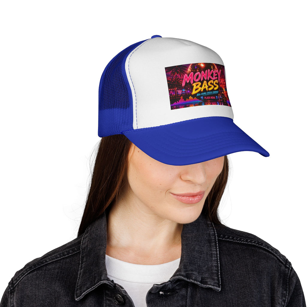 Monkey Bass Trucker Cap — Retro Neon Music Festival Hat