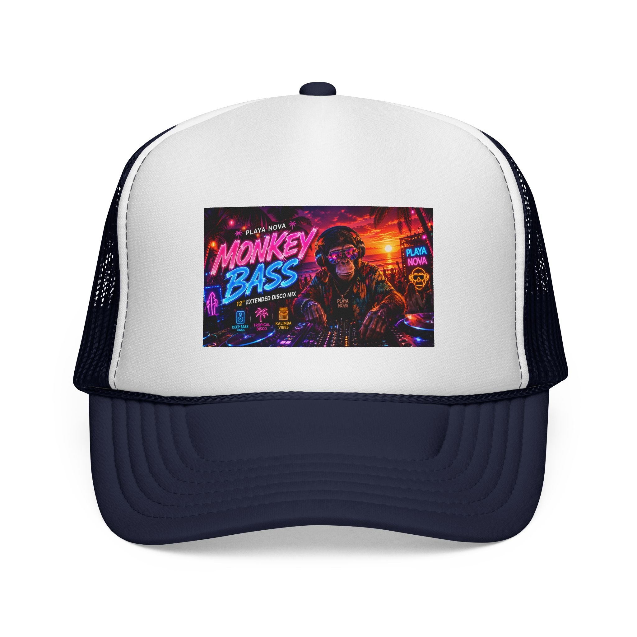 Monkey Bass Trucker Cap — Neon Retro EDM Music Festival Hat