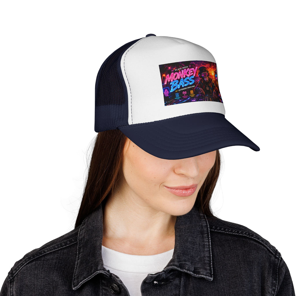 Monkey Bass Trucker Cap — Neon Retro EDM Music Festival Hat