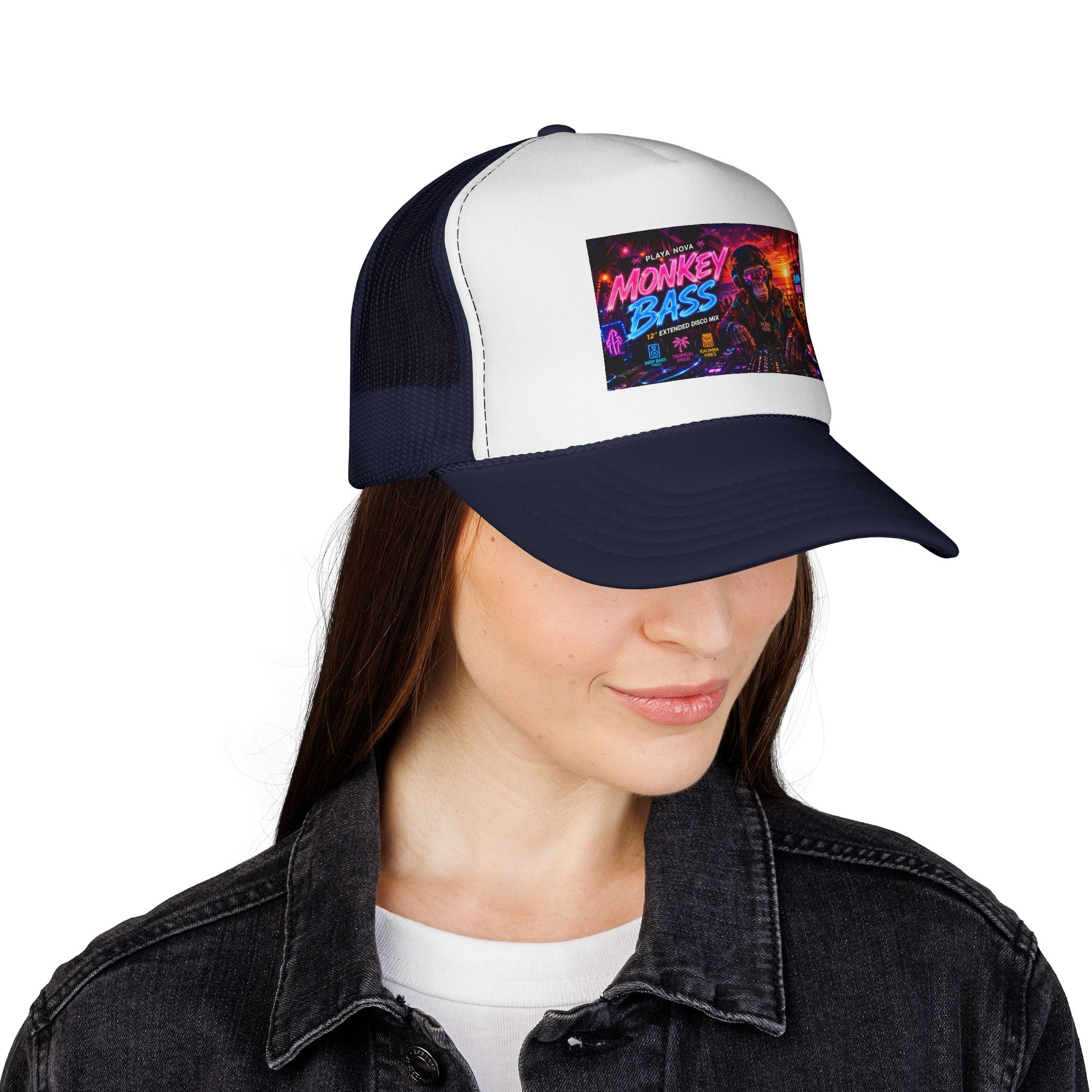 Monkey Bass Trucker Cap — Neon Retro EDM Music Festival Hat