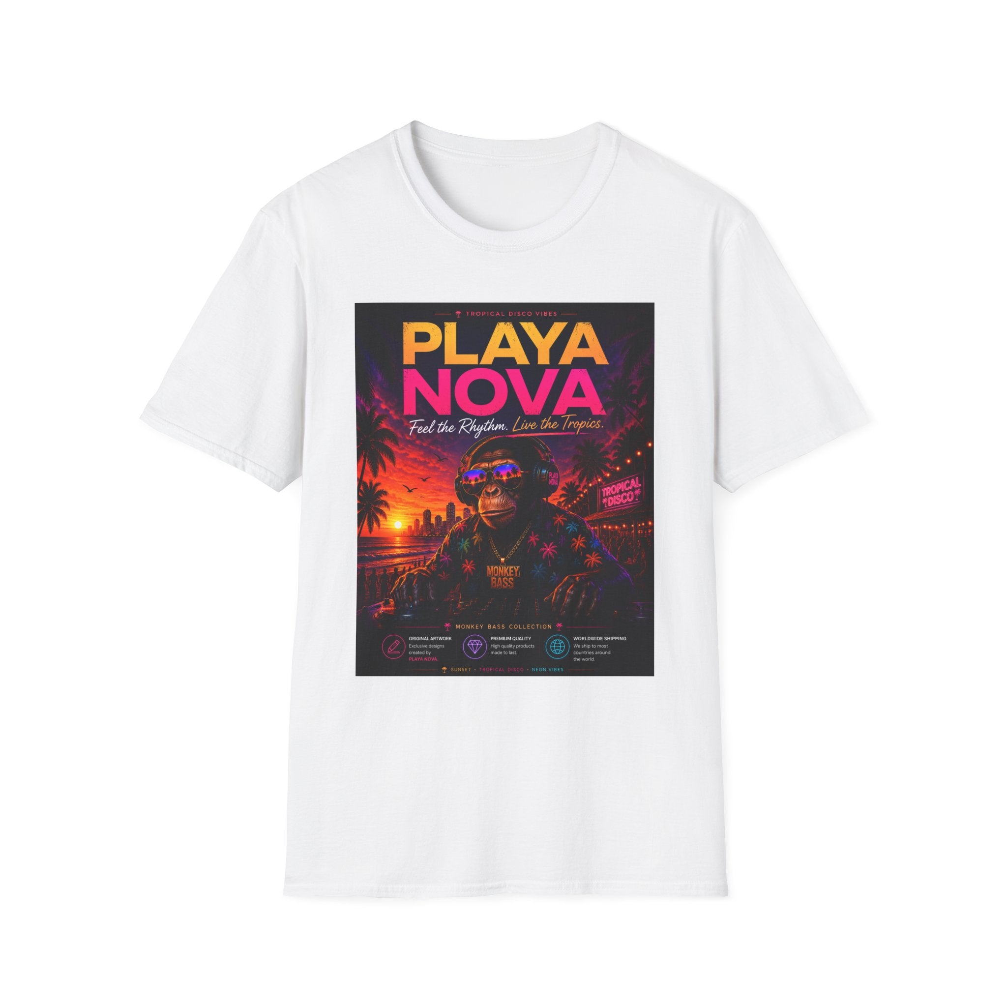 Playa Nova Retro Tropical Graphic T-Shirt — "Feel the Rhythm, Live the Tropics"