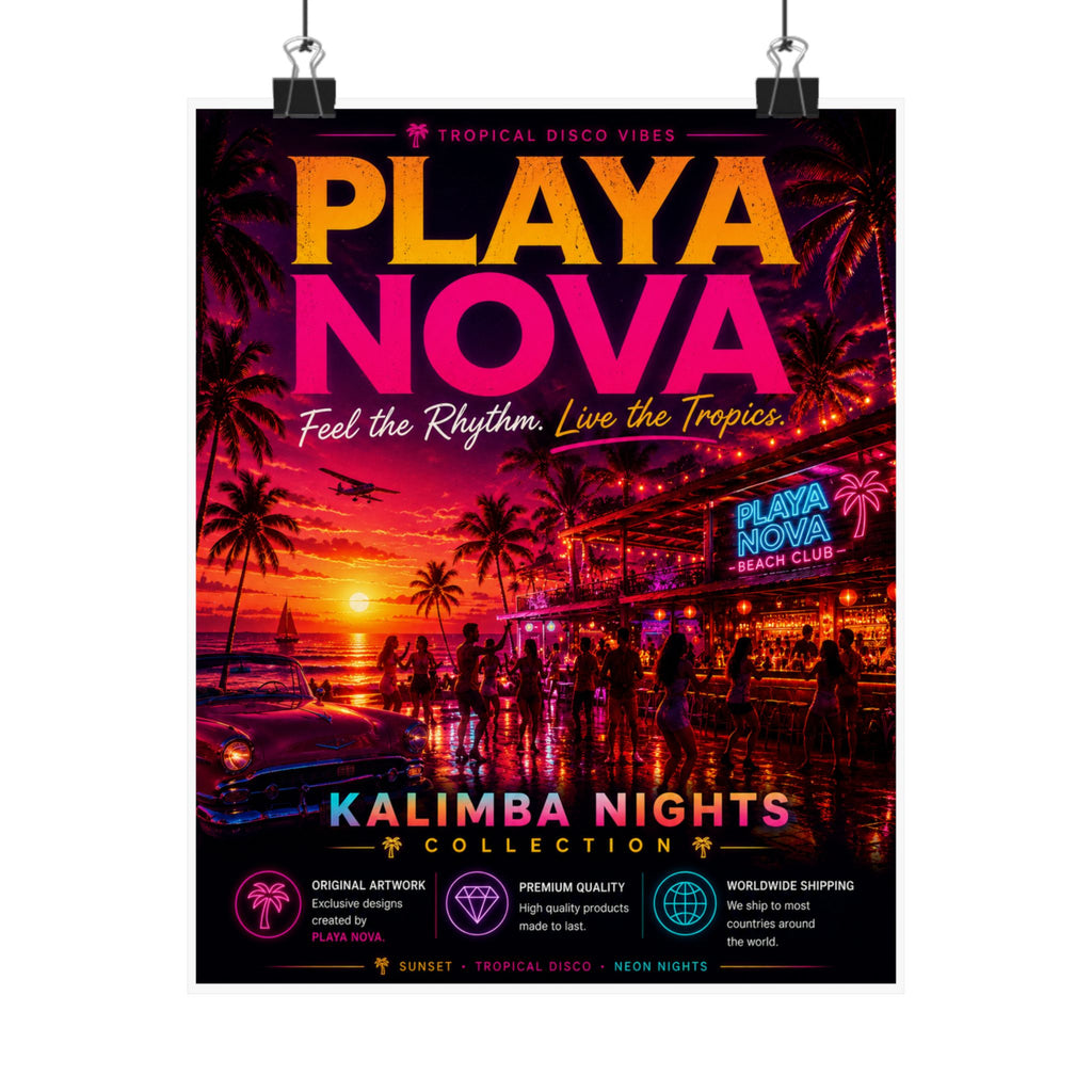 Playa Nova Kalimba Nights Poster — Tropical Sunset Beach Club Wall Art