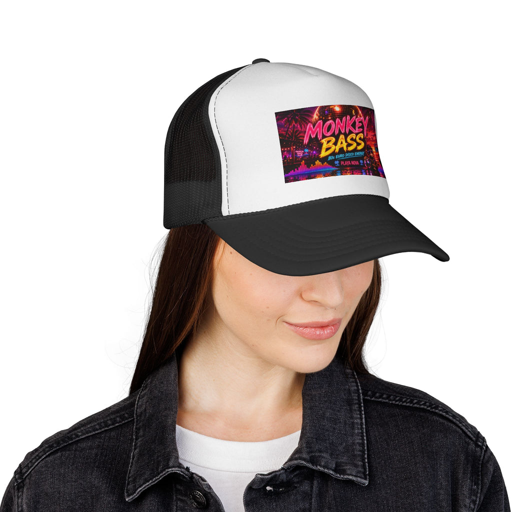 Monkey Bass Trucker Cap — Retro Neon Music Festival Hat