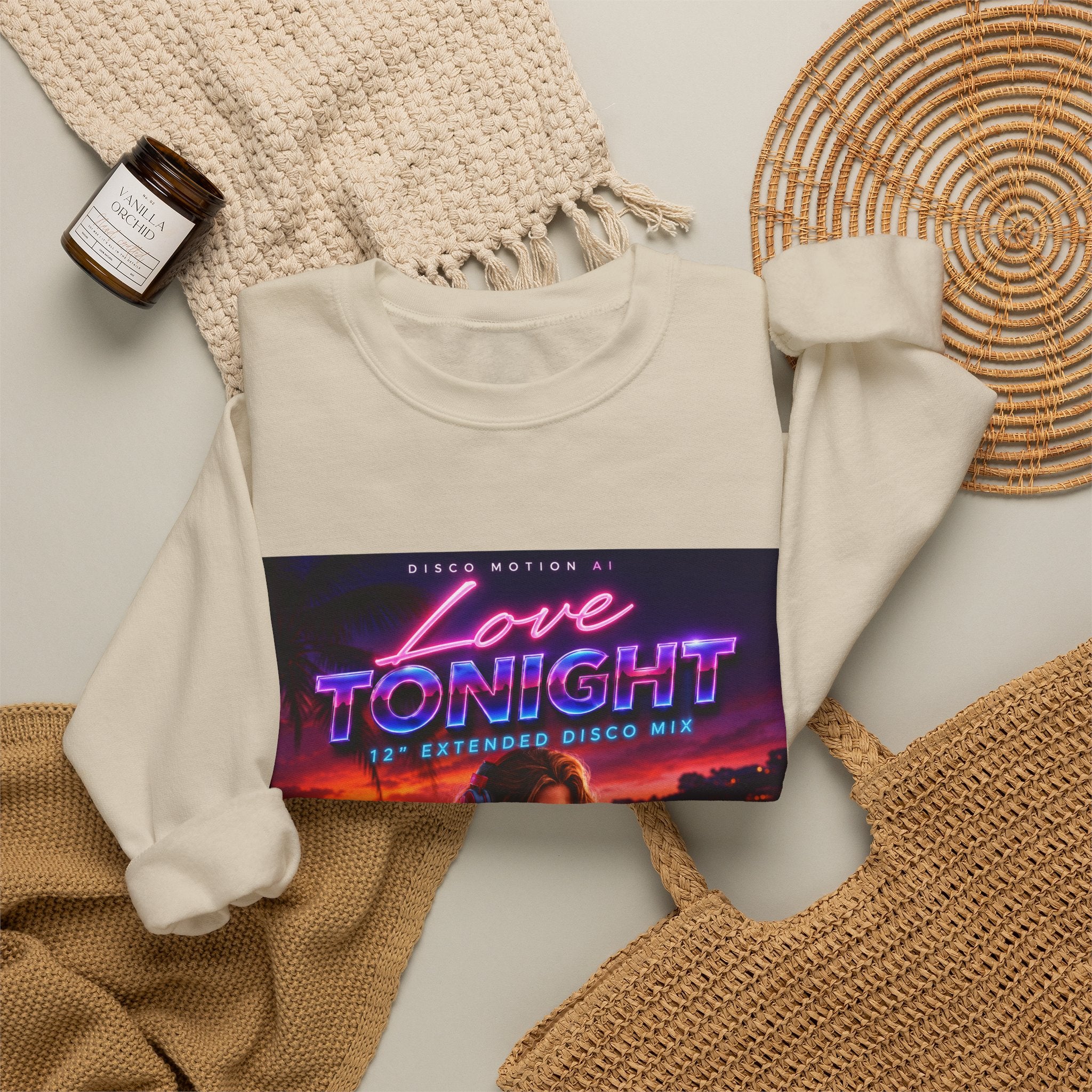 Crewneck Sweatshirt — Retro "Love Tonight" Neon City Graphic