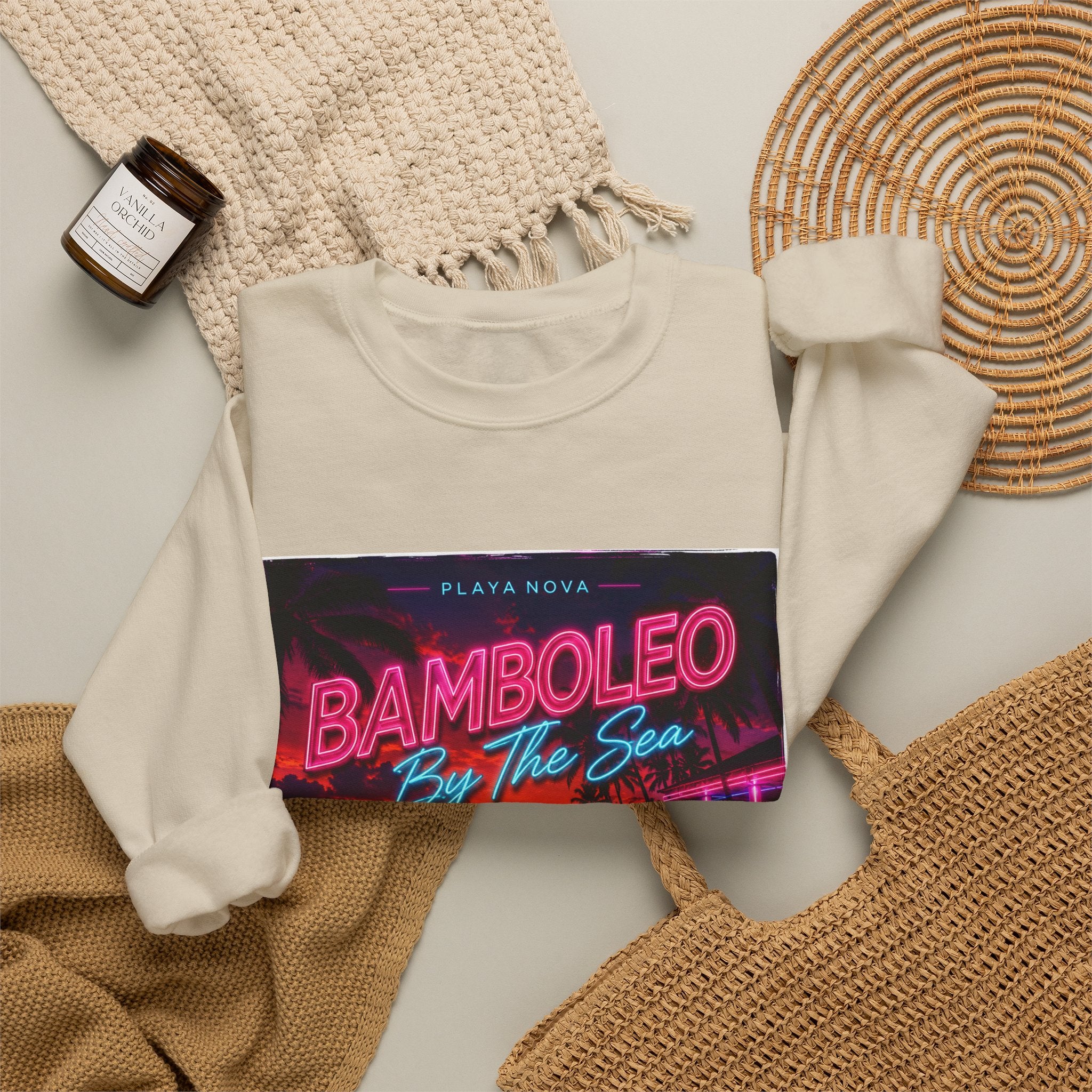 Crewneck Sweatshirt — 'Bamboleo By The Sea' Retro Neon Beach Design