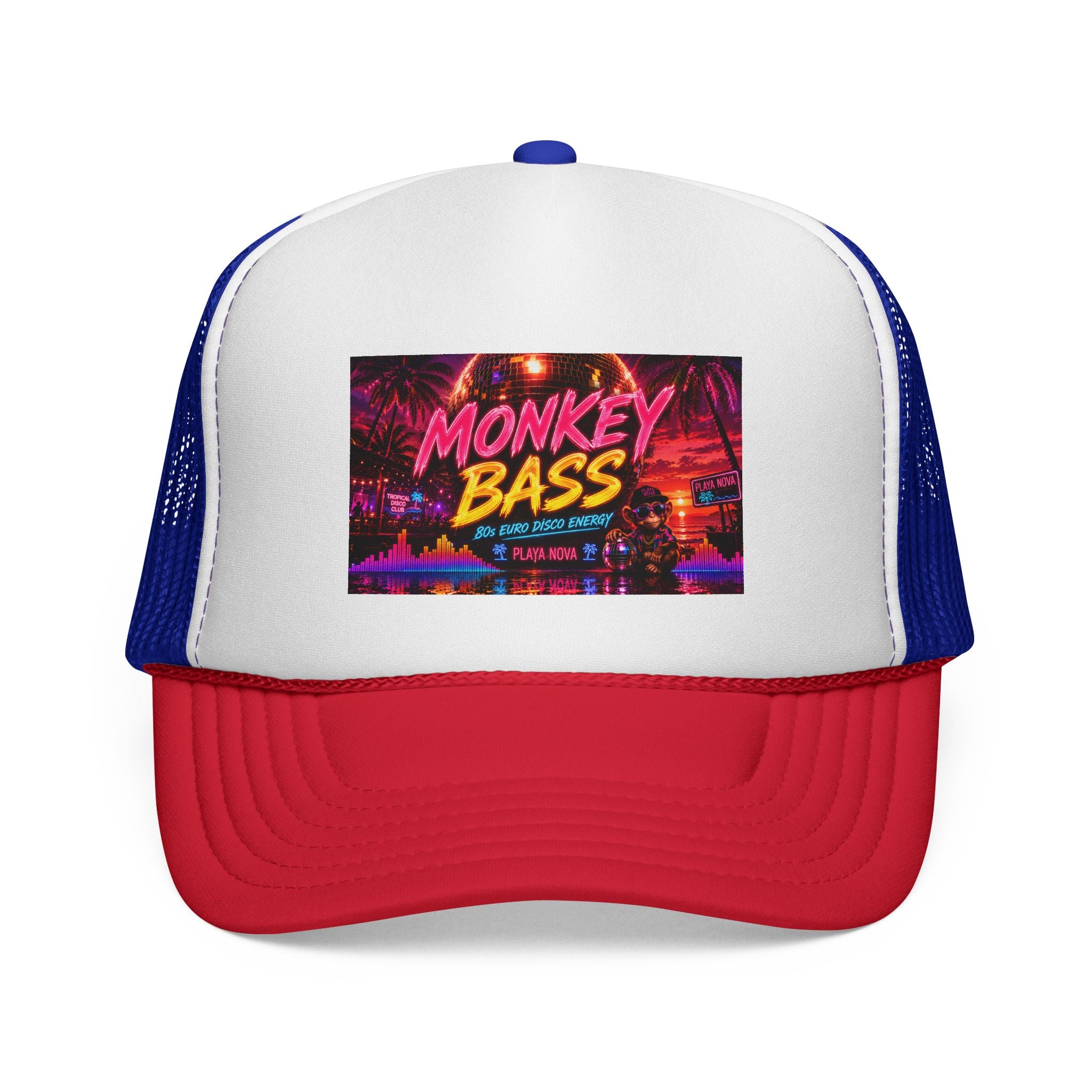 Monkey Bass Trucker Cap — Retro Neon Music Festival Hat