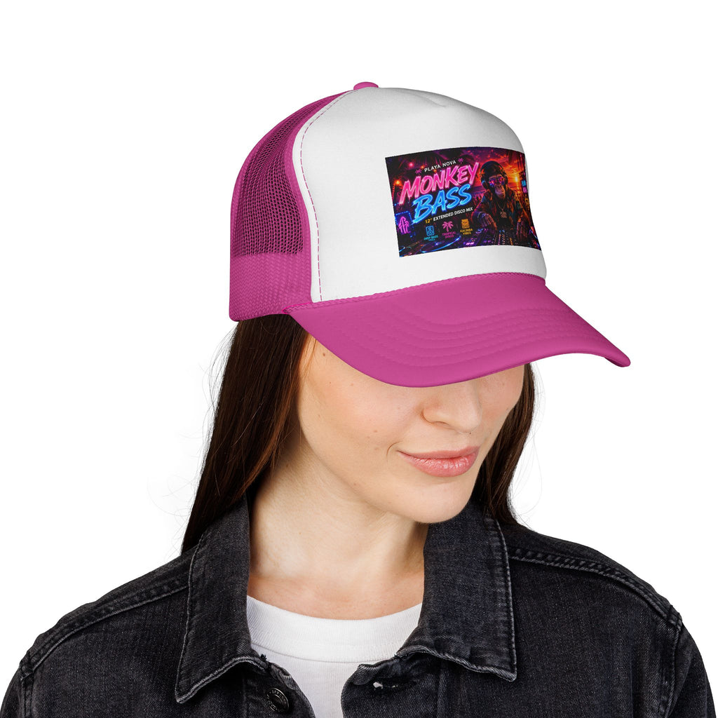 Monkey Bass Trucker Cap — Neon Retro EDM Music Festival Hat