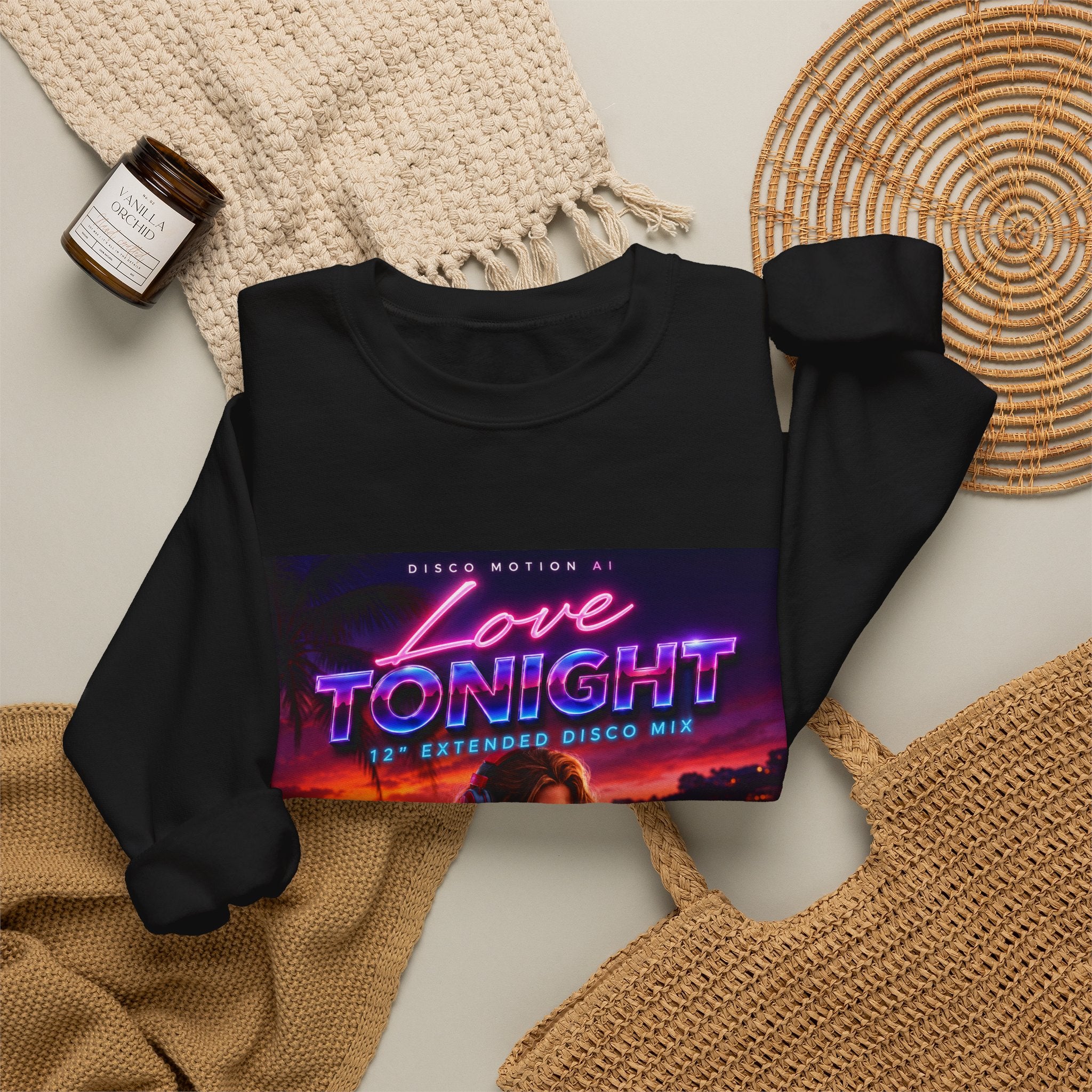 Crewneck Sweatshirt — Retro "Love Tonight" Neon City Graphic